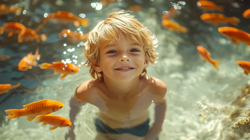 A young boy with blonde hair and a big smile is submerged in a pool of water.  The water is filled with goldfish, swimming around him. The sunlight shines through the water creating a warm and happy atmosphere. The boy is looking directly at the camera, seemingly enjoying his time in the pool.