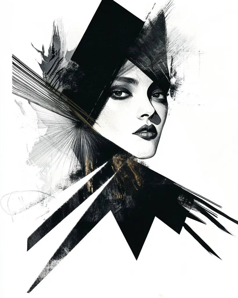 The image is a black and white illustration of a woman's face. Her face is partially obscured by a large black shape that resembles a hat or a piece of fabric. The background is filled with abstract shapes and lines, creating a sense of movement and energy. The woman's expression is intense and enigmatic, with her eyes looking directly at the viewer. The overall effect is striking and dramatic.