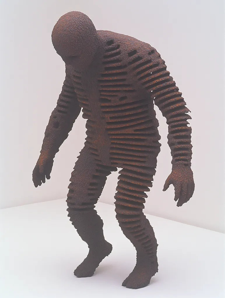 The image shows a sculpture of a human figure. The figure is made of stacked, rusted metal plates. The sculpture is standing with its head bowed, as if in contemplation or sadness. The texture of the rusted metal gives the sculpture a rough and weathered appearance, which adds to its sense of realism and emotion. The sculpture is set against a plain white background, which highlights its form and texture.