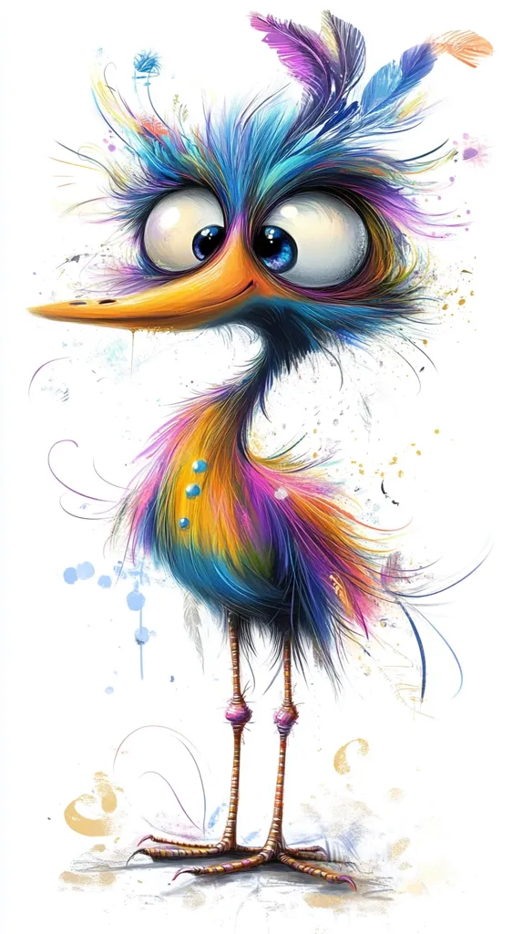 The image depicts a whimsical, cartoon-style bird with large, expressive eyes and a long, orange beak. Its feathers are a vibrant mix of blue, yellow, purple, and pink, creating a striking contrast against the white background. The bird's legs are long and spindly, adding to its playful, exaggerated appearance. The overall style is whimsical and colorful, with a touch of abstract elements like splattered paint, creating a vibrant and imaginative scene.