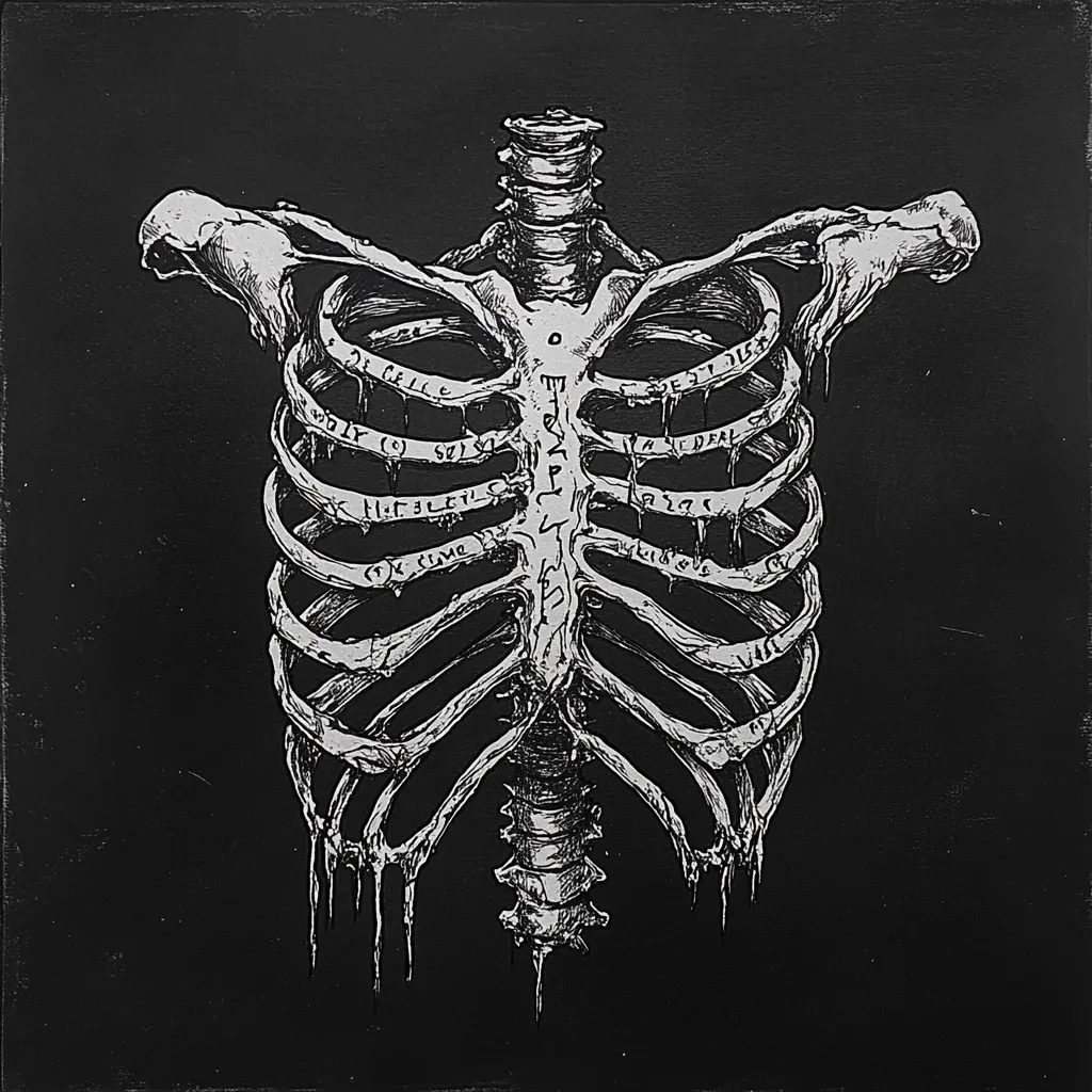 A detailed drawing of a human rib cage, rendered in white against a black background. The ribs are depicted as skeletal and dripping, giving an eerie and macabre effect. The image is stylized and evokes a feeling of mortality and decay.  The drawing is likely a representation of the vulnerability of the human body and the fragility of life.