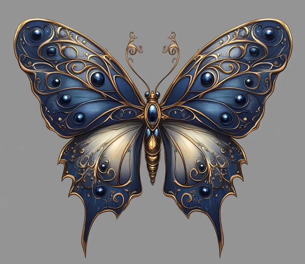 A large, intricately detailed butterfly is depicted, its wings a mesmerizing blend of deep blue and white. The wings are adorned with delicate golden filigree, resembling a delicate lacework, and accented with a series of sparkling blue gemstones. The butterfly's body is a gleaming gold, adding to the overall opulent and exquisite aesthetic of the image.