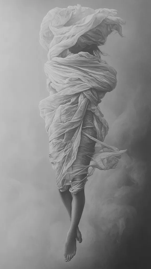 A woman, draped in flowing fabric, appears to be suspended in mid-air against a hazy, cloudy backdrop. The image is rendered in shades of gray, creating a sense of ethereal beauty and mystery. The fabric billows around her, obscuring her features and adding to the dreamlike atmosphere.  The figure seems to float effortlessly, emphasizing a sense of weightlessness and liberation.  The overall effect is one of elegance and tranquility.