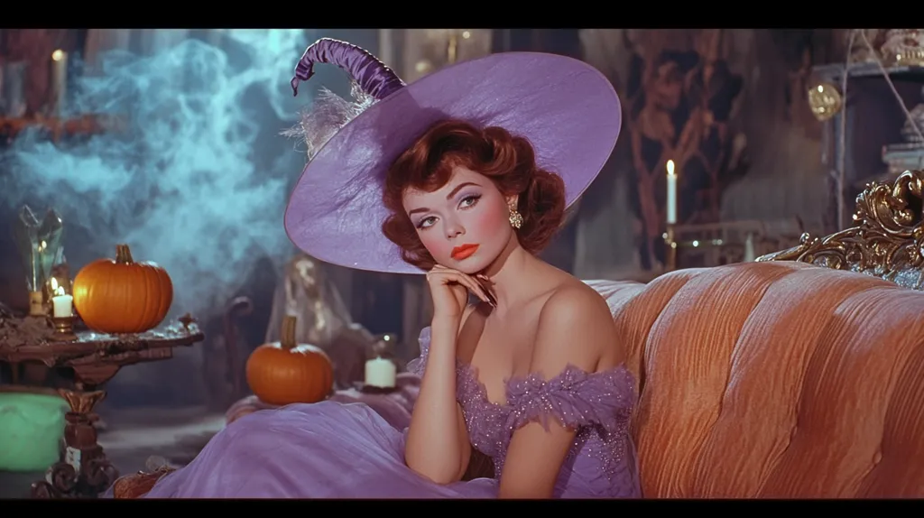 A woman with bright red hair and a large purple hat sits on a plush orange couch, looking wistfully at something out of frame. Her dress is also purple and her makeup is dramatic. The setting is a room with candles, a table with pumpkins, and a smoky atmosphere. It has a spooky and whimsical feel, perhaps a scene from a fantasy film.