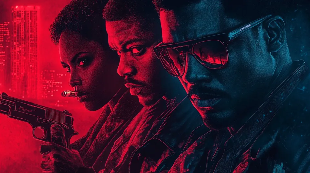 The image features three figures in a dimly lit cityscape. A woman with short hair holds a handgun and a lit cigarette, her face illuminated by red light. Beside her, two men are shown in profile, their faces illuminated by red and blue light, respectively. The man in blue light wears sunglasses. All three figures appear serious and determined.  The image has a gritty and atmospheric feel, suggesting a scene of danger and tension.