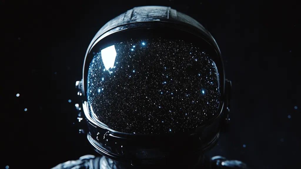 The image shows a close-up of an astronaut's helmet. The helmet is dark and reflective, and the visor is covered in a swirling pattern of stars. The background is black, and there are small particles floating in the air. The image creates a sense of mystery and wonder, and it evokes feelings of space exploration and the vastness of the universe.