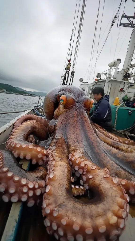 A large octopus, with prominent suckers, lies on the deck of a boat. The octopus appears to be recently caught, as it is still wet and glistening. A man in a black jacket stands behind the octopus, with the sea and mountains visible in the distance. The scene conveys a sense of the power and size of this magnificent creature.