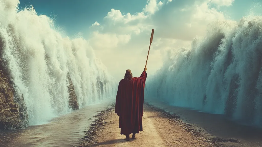 A man in a red robe walks away from the viewer, holding a staff in his raised right hand. He is walking on a path between two large walls of water that appear to be parted. The man is likely Moses, parting the Red Sea. The background is a blue sky with fluffy white clouds. The scene is dramatic and hopeful, with a sense of divine intervention.