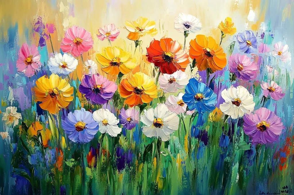 A vibrant oil painting depicts a field of flowers in full bloom. The flowers are painted in a variety of colors, including pink, yellow, orange, red, blue, and purple. The background is a soft yellow, suggesting a sunny day. The flowers are arranged in a loose and informal way, giving the painting a sense of movement and energy. The brushstrokes are visible and add to the overall impression of a joyful and colorful scene.