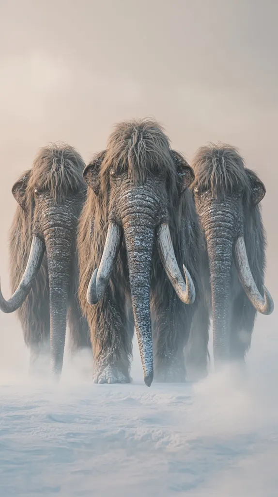 Three woolly mammoths walk across a snowy landscape. They are covered in thick fur and have long tusks. The mammoths are walking towards the camera, and the snow is blowing around them. The image is a realistic depiction of these extinct creatures.