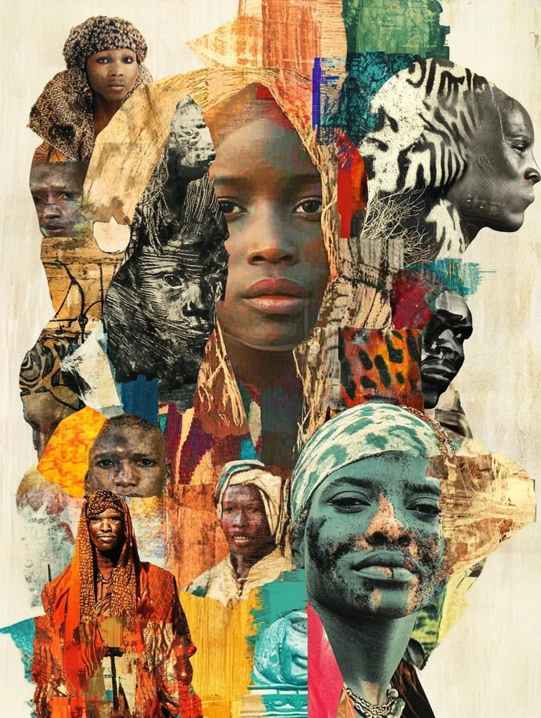 The image is a collage of African-inspired portraits, with the main focus on a young woman with a solemn expression. The collage uses a diverse range of colors and textures, creating a rich and textured visual experience.  Other faces are partially shown, adding depth and mystery to the composition. The overall impression is one of cultural diversity and unity, highlighted by the use of patterned fabrics and traditional adornments.