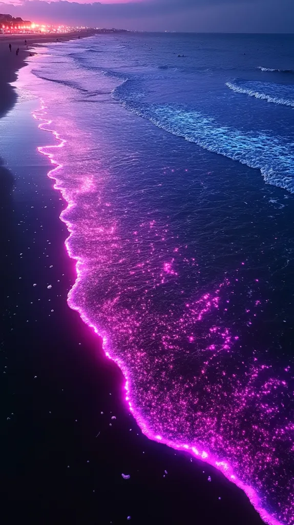 The image shows a dark beach with a city skyline in the distance. The ocean is a deep blue color, with foamy waves crashing onto the shore. The water is illuminated by a bright pink glow, making it look magical and otherworldly. The scene is peaceful and serene, creating a sense of awe and wonder.