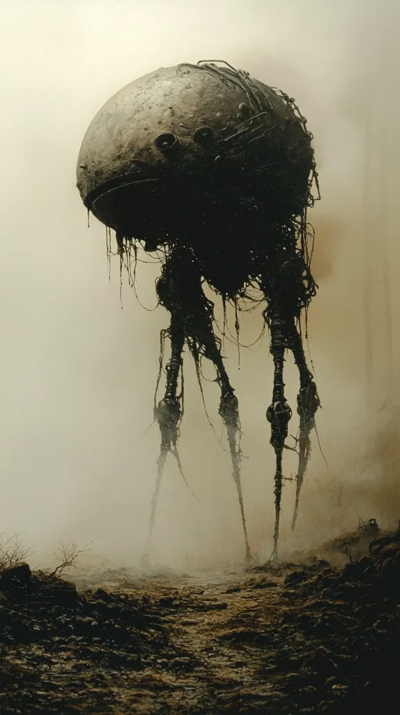 A large, vaguely humanoid figure stands in a desolate, misty landscape. Its body is composed of tangled metal and wires, with long, spindly legs extending from its rounded head. The figure is shrouded in a dense fog, adding to its eerie and unsettling atmosphere. The ground is covered in a layer of dark, organic matter, suggesting decay and desolation. The overall image evokes a sense of post-apocalyptic ruin and the presence of an unknown, potentially hostile force.
