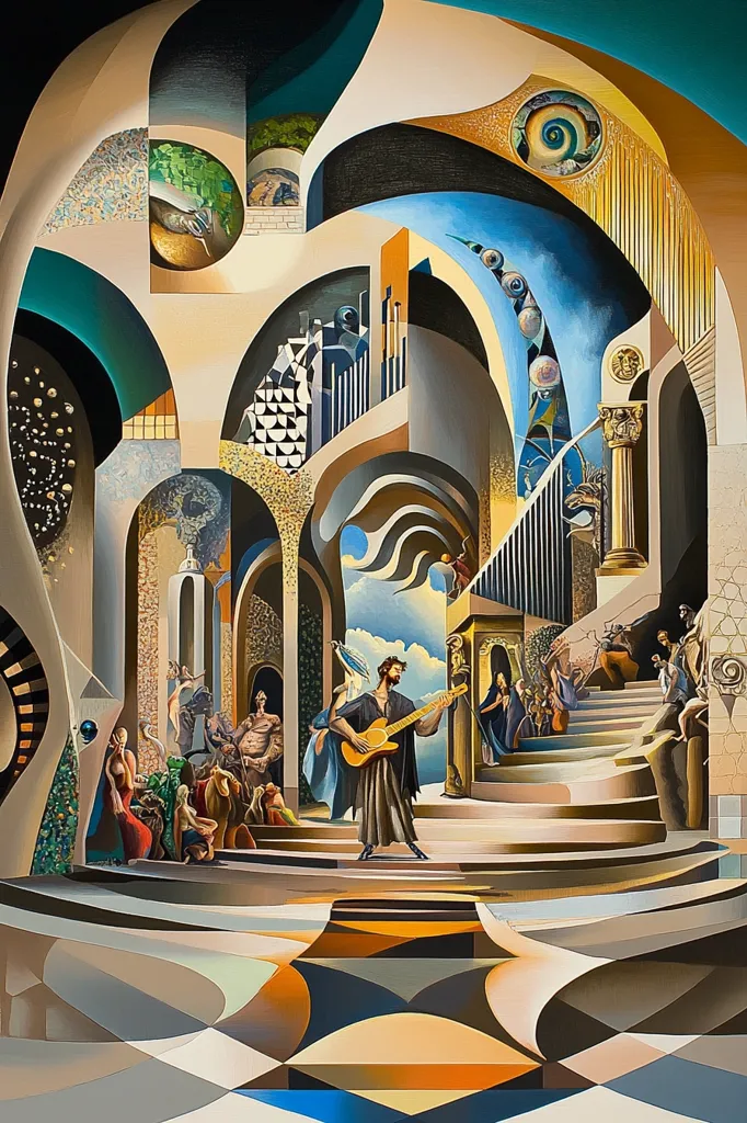 The image is a surrealist painting depicting a man playing a guitar in a fantastical, geometrically-designed space. The scene features a mix of organic and architectural elements, including a grand staircase, a dome-like ceiling with swirling patterns, and a group of figures in the background. The colors are rich and vibrant, creating a sense of wonder and mystery. The painting is full of details and symbolism, inviting the viewer to explore its many layers of meaning.