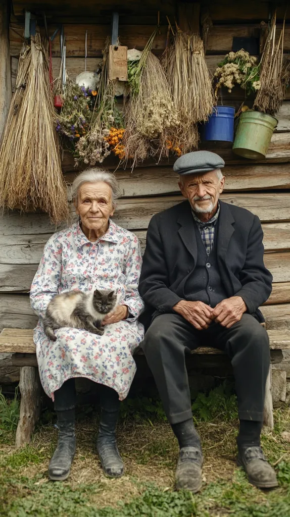 An elderly couple sits on a wooden bench outside a rustic cabin. The woman is wearing a floral dress and holding a cat. The man is wearing a black suit and a hat. They are both looking at the camera. In the background, dried flowers and herbs hang from the ceiling of the cabin. The photo has a warm, nostalgic feel.