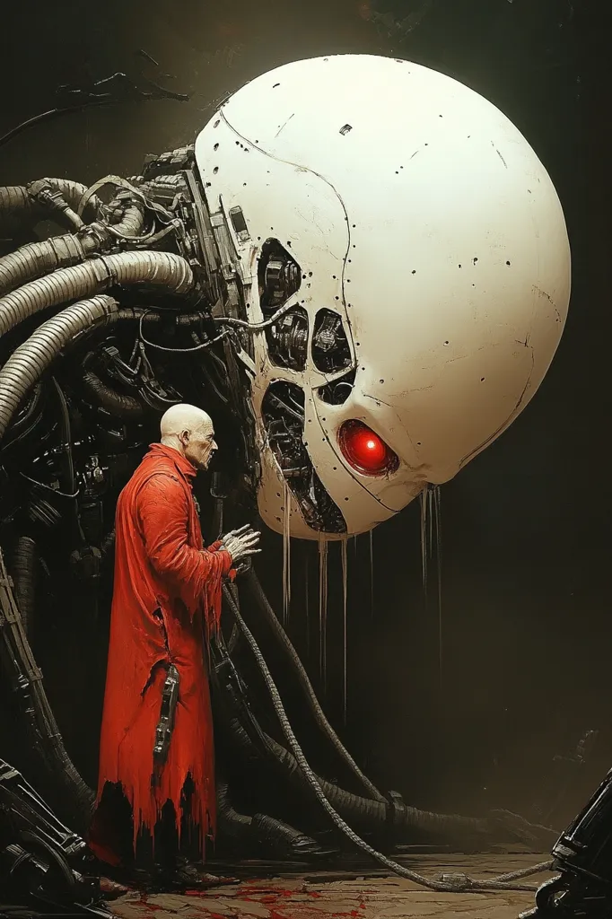 A large, white, mechanical head with a single red eye stares down at a small, bald man wearing a long, red robe. The head is connected to a network of cables and tubes. The man looks up at the head with a worried expression. The image is dark and foreboding, suggesting a battle between man and machine. There is a sense of doom and tension.
