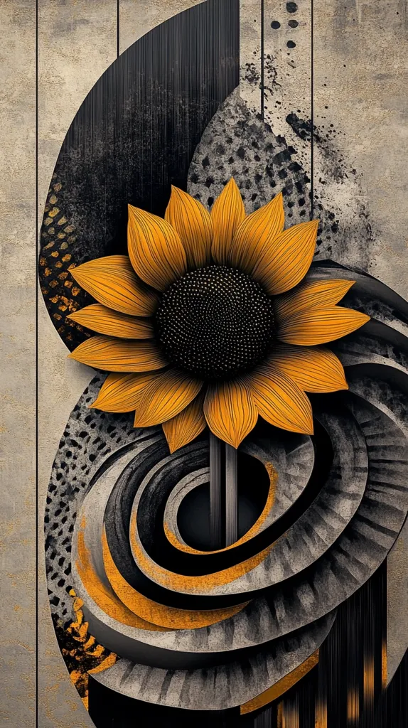 A stylized sunflower blooms in the center of a swirling, abstract pattern of black, grey, and gold. The background is a muted beige with vertical stripes. The sunflower is the focal point, with its bright yellow petals and dark center contrasting with the muted colors of the background. The swirling pattern creates a sense of movement and energy, while the overall composition is both minimalist and sophisticated.