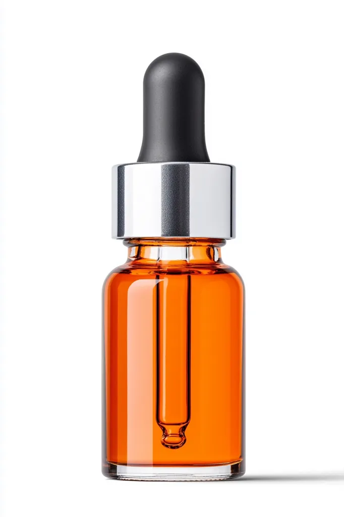 The image shows a glass dropper bottle filled with a translucent orange liquid. The bottle has a silver cap with a black dropper, which is positioned in the center of the bottle. The bottle is sitting on a white surface, casting a slight shadow. The image has a clean and minimalist aesthetic.
