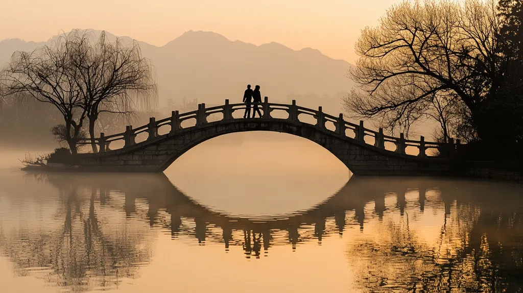 A stone arch bridge with two figures walking across it, set against a backdrop of misty mountains. The bridge is reflected perfectly in the still water of the lake, creating a symmetrical and serene image. The soft light of the setting sun casts a warm glow over the scene. The image is a perfect illustration of tranquility and harmony.