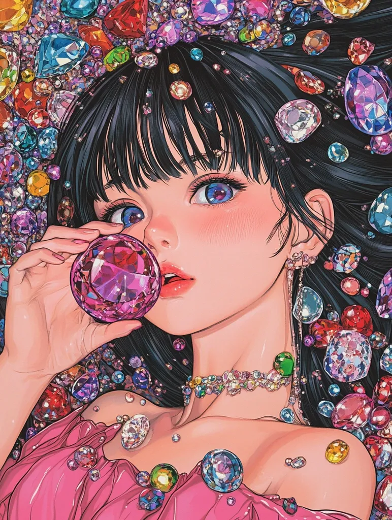The image depicts a young woman with long black hair, wearing a pink top, surrounded by a multitude of colorful gemstones. Her blue eyes sparkle, and her lips are slightly parted, suggesting a delicate smile.  Her hand holds a large, shimmering pink gemstone, reflecting the vibrant hues of the surrounding gems.  The image exudes a whimsical and glamorous atmosphere, emphasizing the beauty and allure of gemstones and their connection to the feminine form.