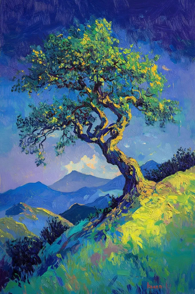 A single, gnarled tree stands prominently on a hillside overlooking a vast expanse of blue mountains. The sky is a vibrant blue, dappled with wispy clouds. The foliage of the tree is a vibrant mix of greens and yellows, while the mountains are painted in shades of blue. The scene evokes a sense of serenity and peacefulness, with the lone tree standing as a symbol of resilience and strength. The artist's brushstrokes are visible, adding texture and depth to the image.