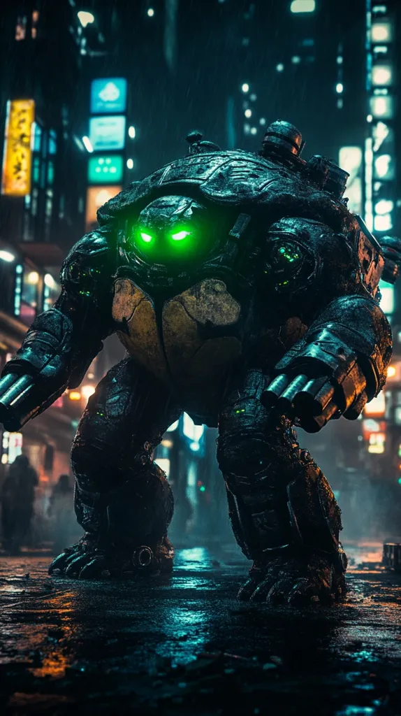 A menacing, heavily armored robot with glowing green eyes stands on a wet, deserted street in a futuristic cityscape. Its bulky frame and intricate details give it an imposing presence, suggesting it's a powerful and potentially dangerous machine. The city lights cast a blue glow, adding to the sci-fi atmosphere.  The robot's powerful build and weaponry suggest it's prepared for combat. The wet street reflects the neon lights, creating a sense of both urban grit and technological advancement.