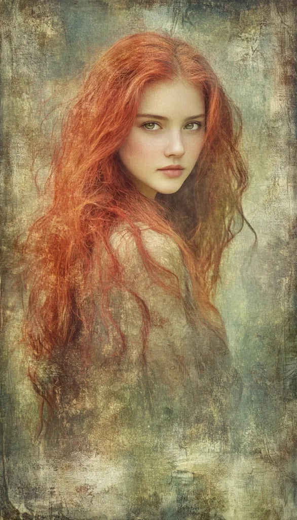 A young woman with long, flowing red hair stares off to the side with a wistful expression. Her face is soft and delicate, and her eyes are a striking blue-green. The background is a textured canvas, with a blend of earthy tones that create a sense of depth and warmth. The overall image evokes a feeling of beauty and mystery, as if the woman is lost in thought or a distant dream.