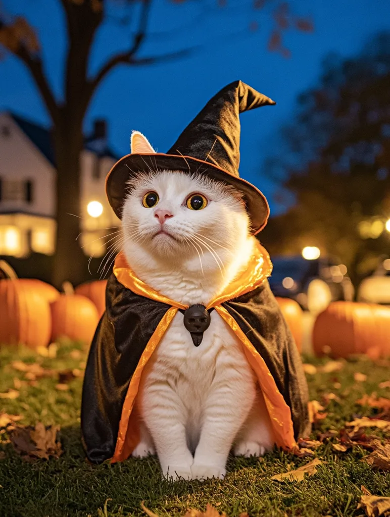A white cat, dressed in a black witch's hat and cape with orange trim, sits on a bed of fallen leaves in front of a row of pumpkins. The cat stares directly at the camera with a serious expression, creating a playful Halloween-themed image.  The backdrop features a blurry image of a house and trees with a twinkling light.