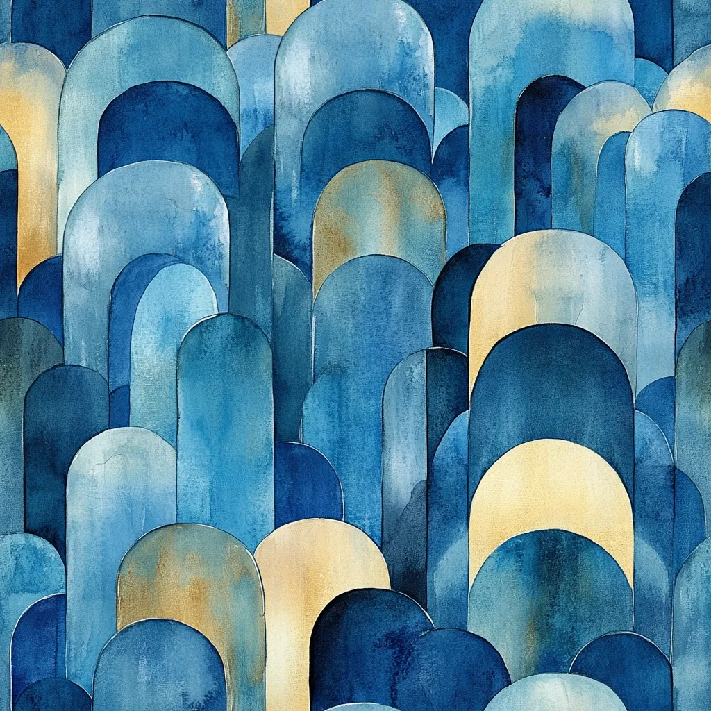 The image is an abstract watercolor painting. It features a pattern of overlapping, semi-circular shapes in shades of blue and beige, creating a sense of depth and texture. The colors blend seamlessly, creating a soft and calming effect. The composition is balanced, with a subtle gradient from darker blues at the top to lighter blues and beige at the bottom. The overall impression is one of tranquility and harmony.