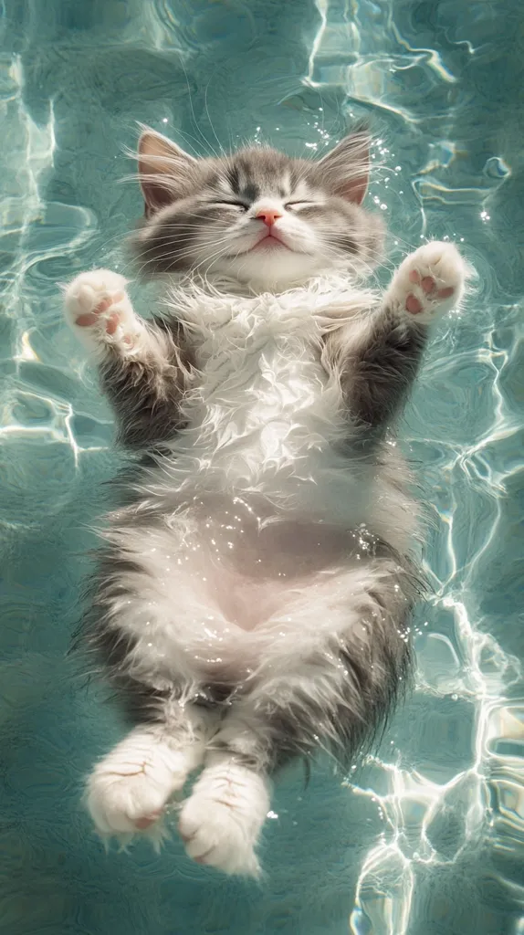 A gray and white cat with its eyes closed is floating in a pool of clear, blue water. The cat's paws are visible, and its fur is ruffled by the water. Sunlight shines through the surface of the water, creating a shimmering effect. The cat looks relaxed and content, enjoying its swim.
