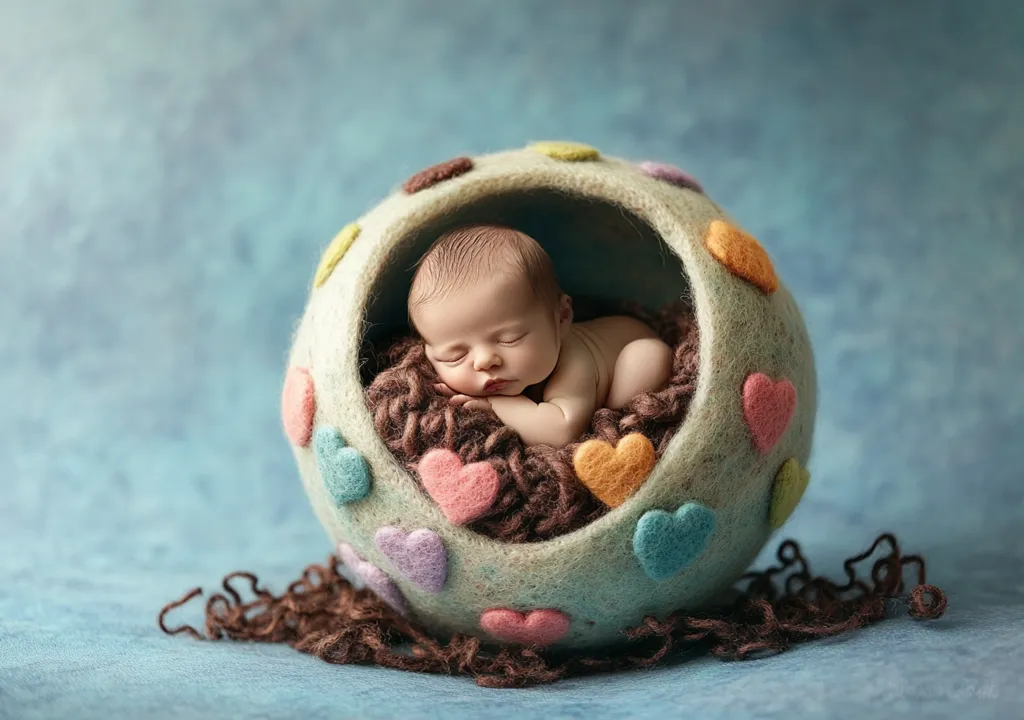 A newborn baby sleeps soundly in a soft,  wool nest. The nest is shaped like a sphere and decorated with colorful felt hearts.  The baby’s sweet face is visible, and their tiny hand rests under their chin.  The background is a soft blue, creating a calming and peaceful scene.