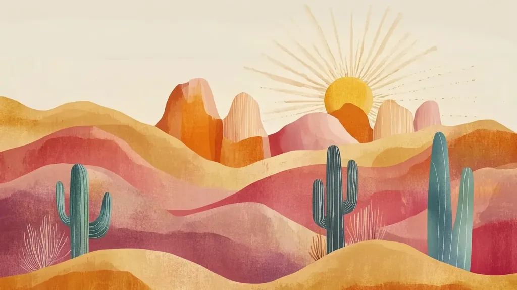 A stylized desert landscape with a sun radiating rays and three tall cacti. The mountains are painted in warm hues of pink, yellow, and orange. The sky is a pale beige.  The scene is rendered in a simplistic, almost abstract style, reminiscent of a child's drawing.