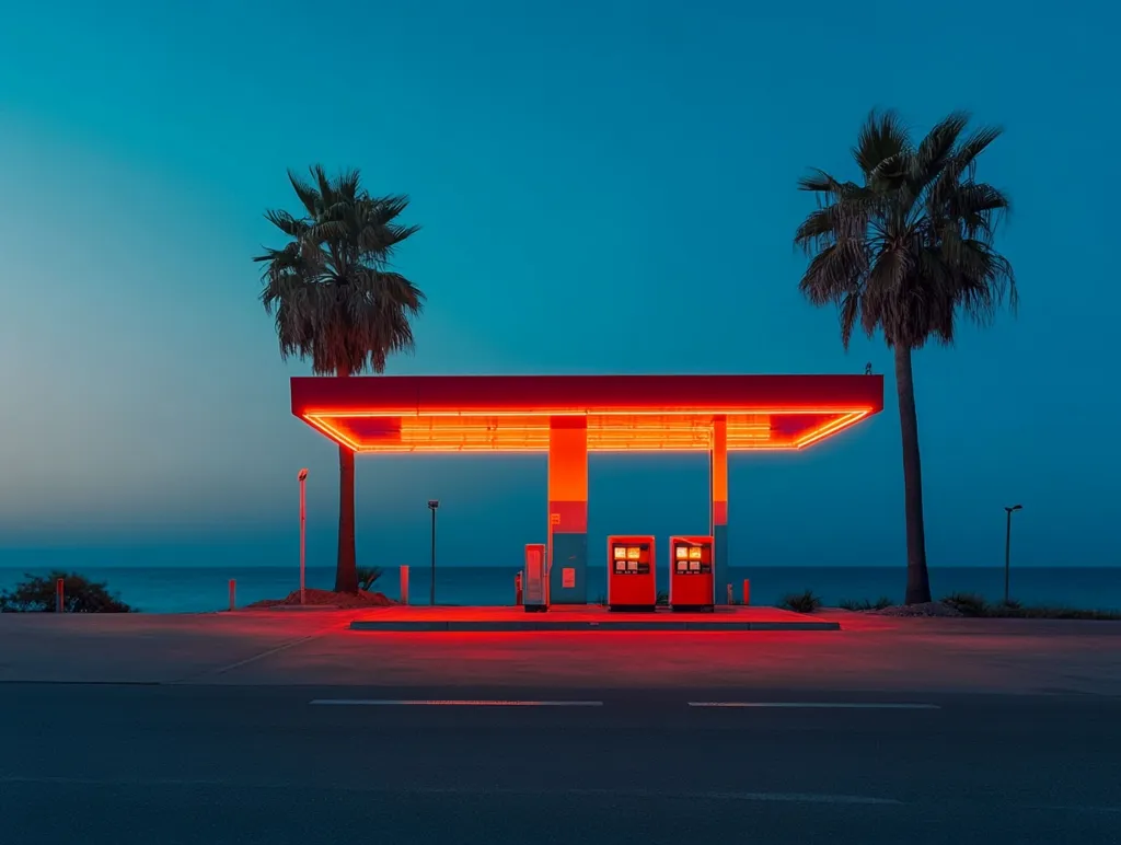 A lone gas station stands illuminated by neon lights against the backdrop of a calm ocean and a vibrant blue sky. Two palm trees frame the scene, adding a tropical touch. The empty parking lot suggests a sense of solitude and stillness, capturing a quiet moment in time.
