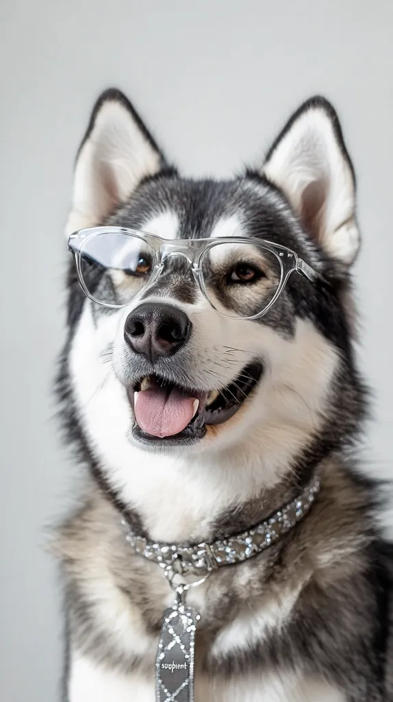 A black and white husky dog wearing clear framed glasses and a sparkly silver collar, looking directly at the camera with a slight smile and its tongue sticking out. The dog has a playful and happy expression, with its eyes sparkling in the light. The background is a simple light grey.  The image captures the dog's personality and creates a lighthearted and humorous mood.