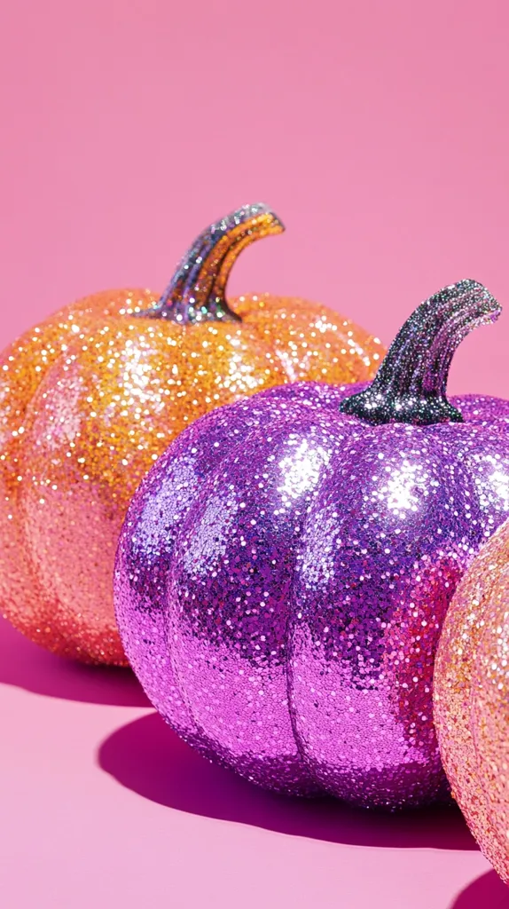 Three pumpkins covered in glitter sit on a pink background. The pumpkins are orange, purple, and a third one partially visible in the background. The pumpkins are a bright, festive decoration for Halloween.