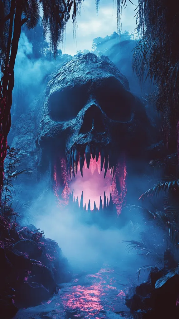 The image is a dark and eerie scene of a monstrous skull-like structure. The skull is illuminated from within with a glowing pink light, casting a creepy glow on the surrounding foliage.  The image suggests a mysterious and dangerous place, possibly a hidden entrance to a dangerous underworld. The focus is on the gaping maw of the skull, hinting at a lurking threat within. The blue and pink hues create a disturbing and unsettling atmosphere.