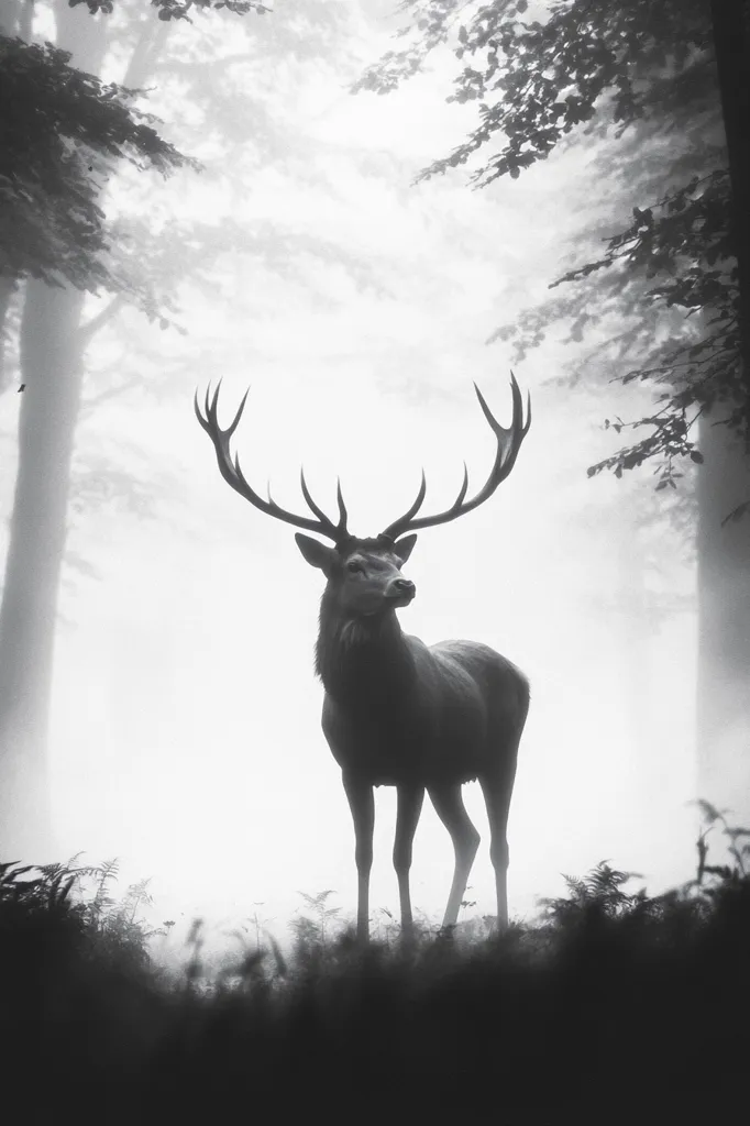 A majestic stag stands silhouetted against a misty forest backdrop. Its large antlers are prominent, and its body is partially obscured by the fog. The image is in black and white, creating a sense of mystery and tranquility. The trees surrounding the stag add to the sense of depth and isolation.