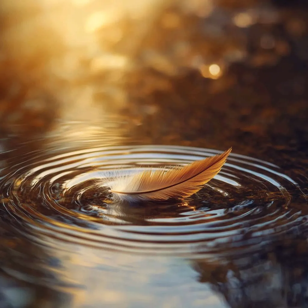 A single feather floats on the surface of a still pond, creating concentric ripples in the water. The feather is light brown and appears delicate, almost translucent. The surrounding water reflects the golden hues of the setting sun, casting a warm glow on the scene. The image evokes a sense of tranquility and peace.