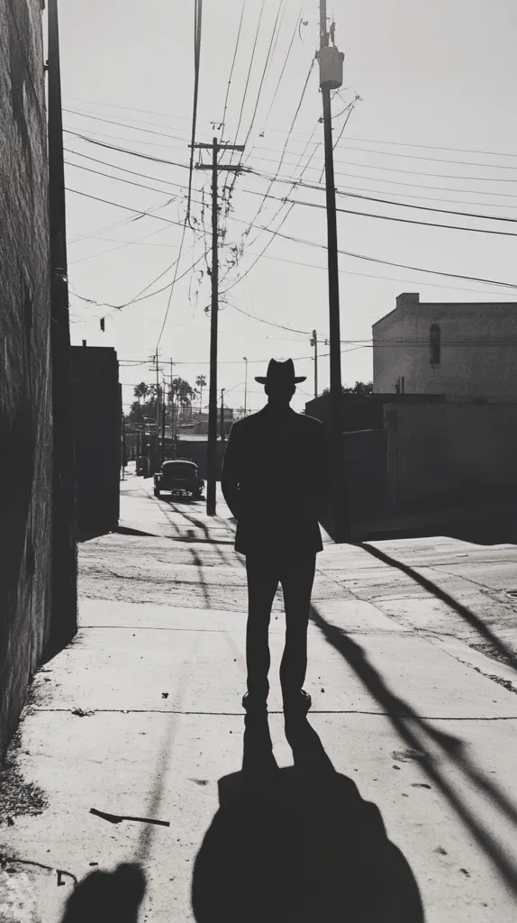 A man in a fedora stands in the middle of a deserted alleyway, his silhouette stark against the bright background.  Power lines stretch across the sky, creating a web of shadows on the ground.  The man's long shadow stretches out in front of him, adding to the mysterious mood of the image. The scene is captured in black and white, emphasizing the contrast and sense of solitude.