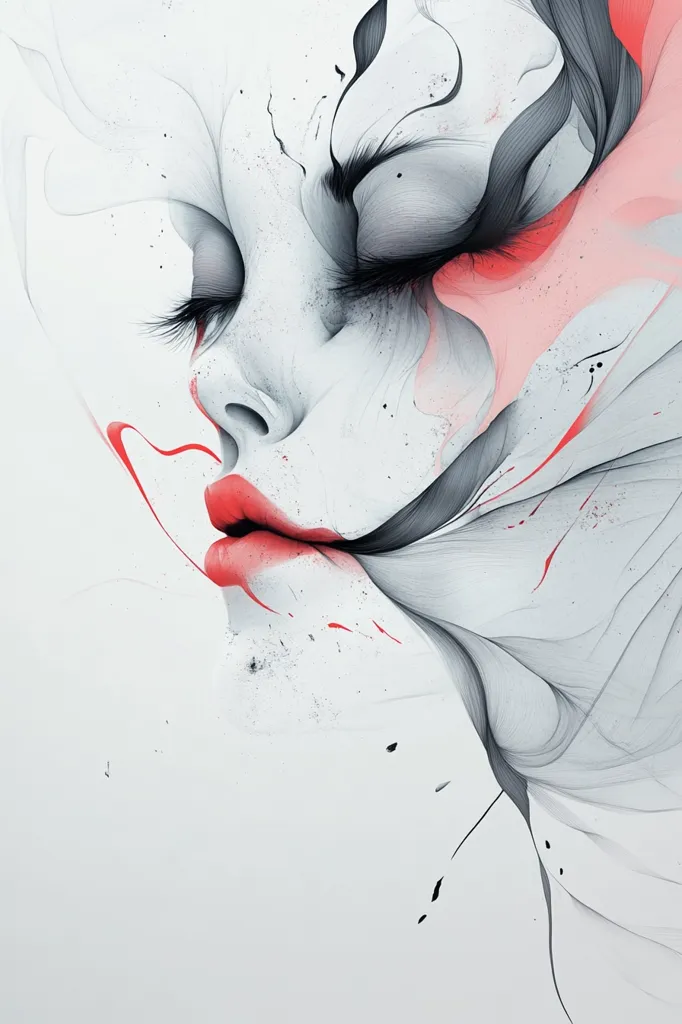 A close-up portrait of a woman's face, drawn in black and white with a splash of red.  Her eyes are closed and her lips are slightly parted, suggesting she's in a state of peaceful contemplation. The background is a swirling mix of black lines and white space, creating a sense of movement and depth.  The overall style is abstract and expressive, with an ethereal and dreamlike quality.