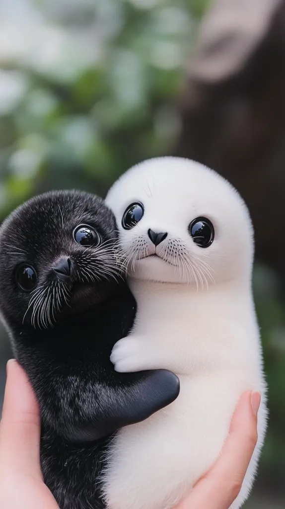 Two baby seals, one black and one white, are held in a hand. The black seal is nestled on top of the white seal, their large, dark eyes looking at the camera.  They both have small, cute noses. Their soft, fuzzy fur is in stark contrast to one another.  The seals are a perfect example of yin and yang, representing opposites that are in harmony with one another.
