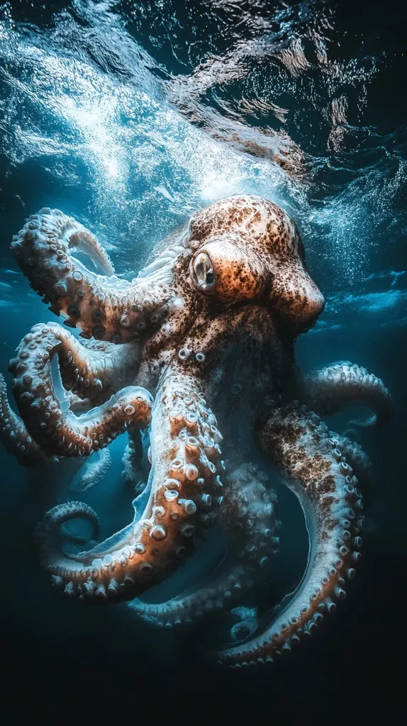 A large octopus with mottled skin is captured mid-swim, its numerous tentacles curling and reaching, creating a mesmerizing pattern against the dark blue backdrop of the ocean. The image captures a moment of grace and power as the octopus navigates its underwater environment. Its large, watchful eye adds an element of intrigue to the scene.  The water surface above is illuminated by a bright sun, casting a soft glow on the octopus.