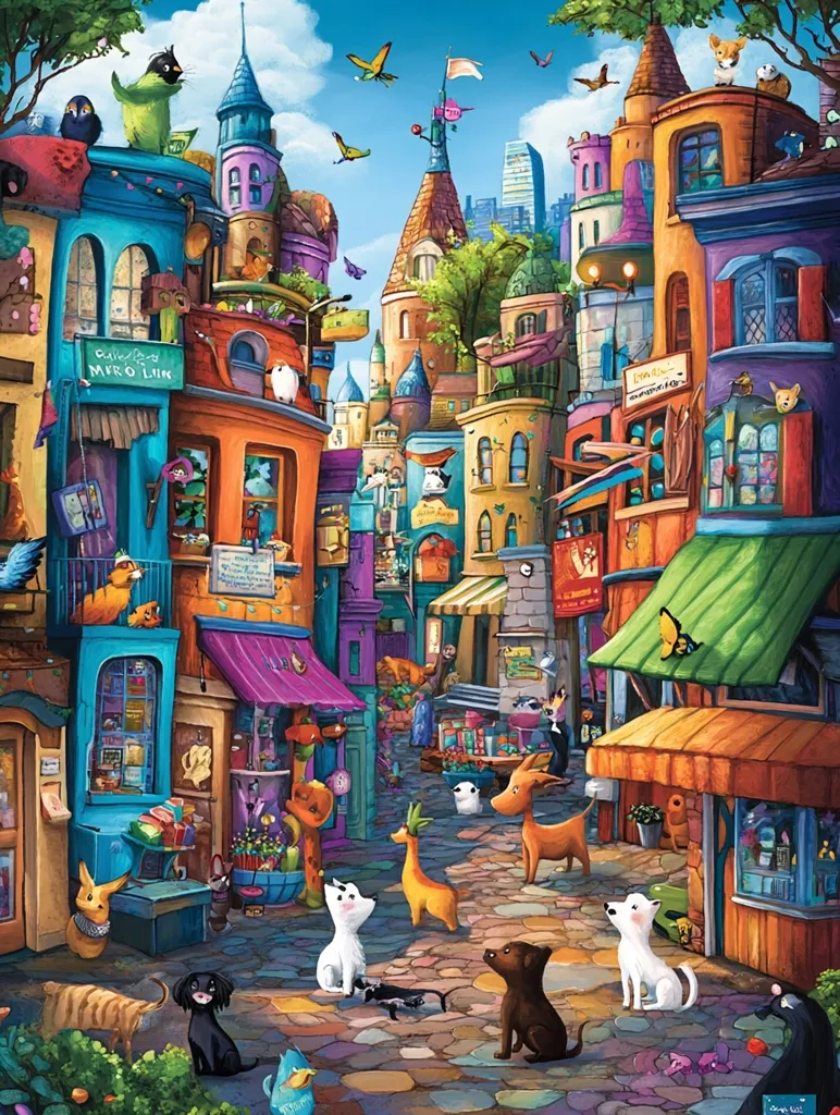A whimsical cityscape with bright, colorful buildings and storefronts. The street is cobblestone and lined with various shops and houses, each with unique details and decorations. There are several dogs and other animals wandering the streets, adding to the charming and playful atmosphere.  The sky is a cheerful blue with fluffy white clouds and flying birds.
