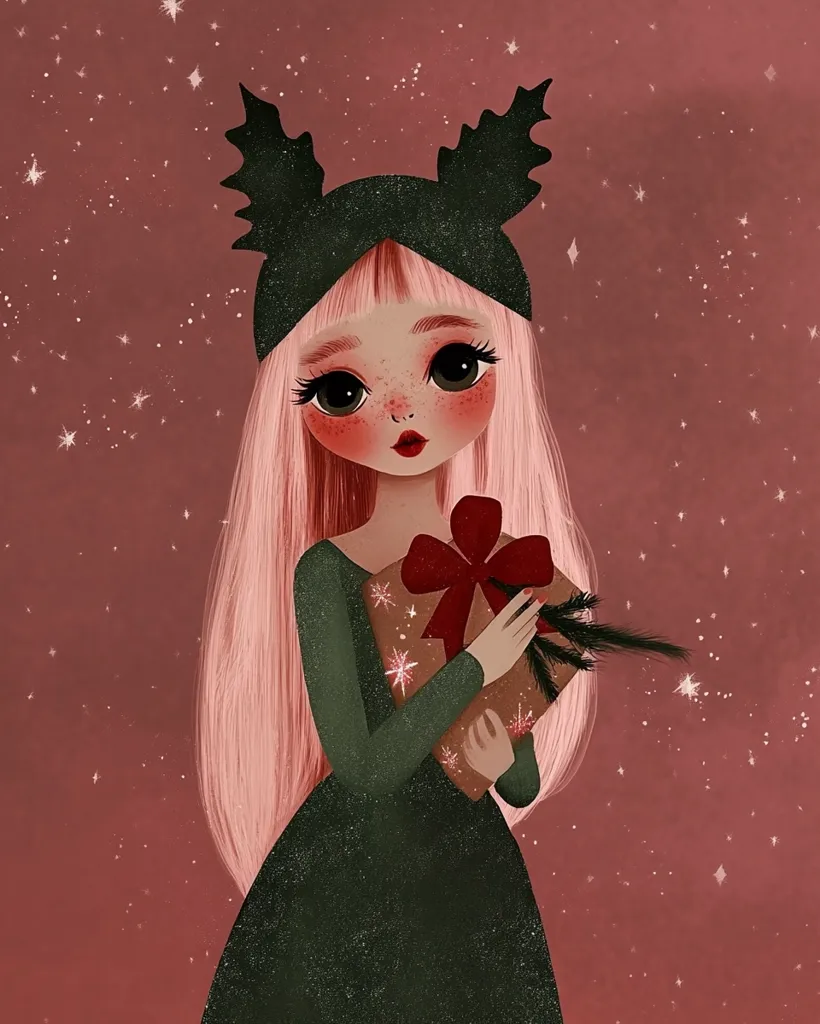 A cartoon girl with long pink hair and large eyes is wearing a green dress and a festive headband with holly. She is holding a wrapped gift with a red bow and some greenery, standing in front of a pink background with twinkling stars. She looks sweet and innocent, radiating holiday cheer.