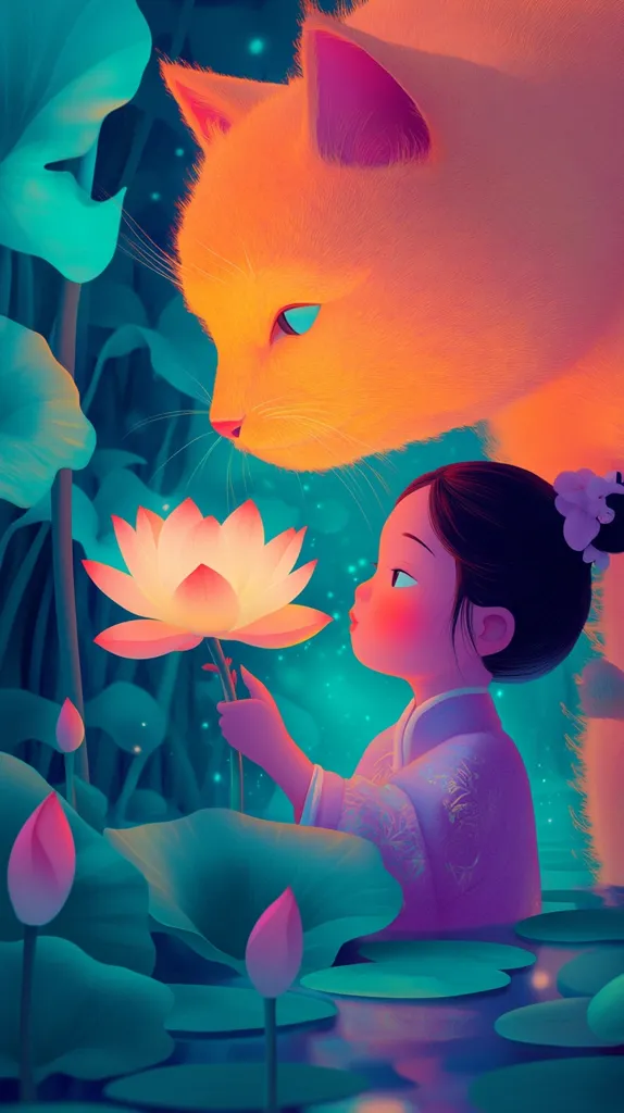 The image depicts a young girl in a traditional Chinese dress standing in a pond, surrounded by blooming lotus flowers. A large orange cat leans over her, looking at the glowing flower in her hand. The scene is bathed in soft, ethereal light, creating a dreamy and magical atmosphere.  The colors are vivid and saturated, with the girl's dress a vibrant purple and the cat's fur a warm orange. The water is a cool turquoise, reflecting the surrounding lush foliage. The image is filled with details, from the girl's delicate features to the cat's expressive eyes. The overall impression is one of peace and tranquility.