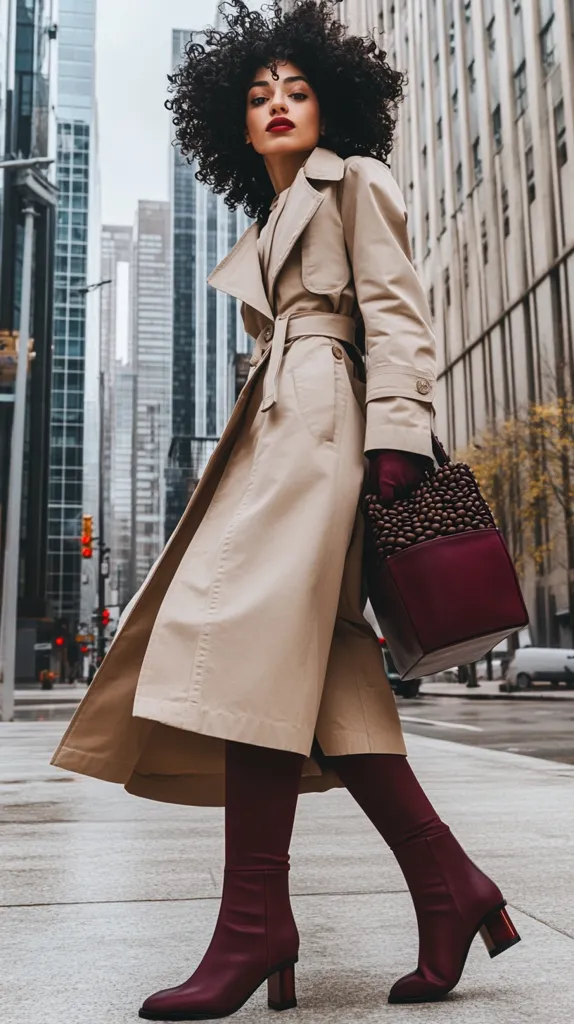 A woman with curly brown hair walks down a city street. She is wearing a beige trench coat with a burgundy belt, and burgundy knee-high boots with heels. She is carrying a large burgundy handbag with a unique brown and black design. The city skyline is visible in the background. The image captures a stylish and sophisticated look.