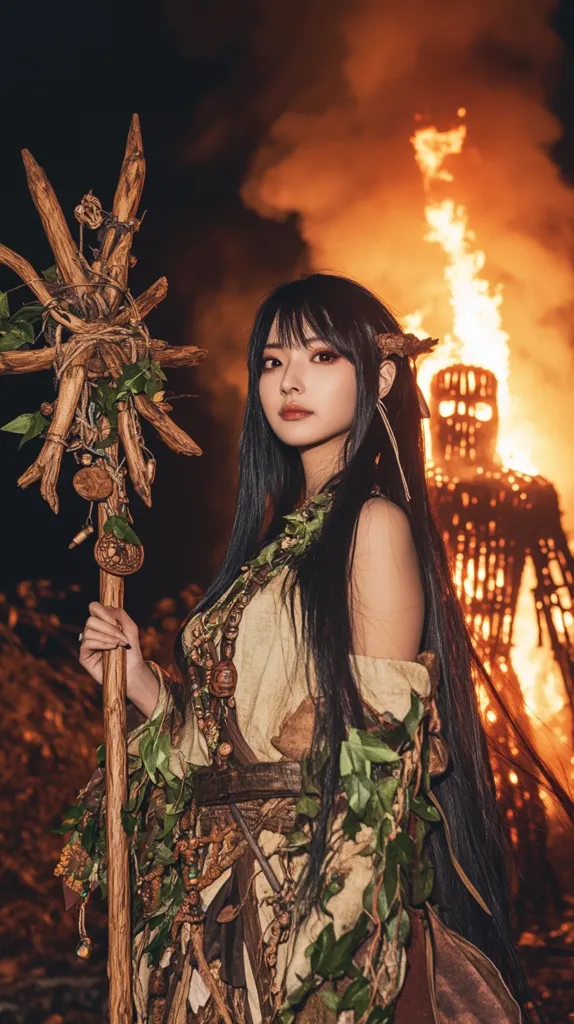 A young woman with long black hair stands in front of a fiery background, holding a staff adorned with leaves and branches. She wears a rustic, earthy-toned outfit with vines and foliage woven into it, creating a mystical, nature-inspired look. The flames behind her are a blur of orange and yellow, creating a dramatic backdrop. She stares directly at the viewer, her expression serious and almost defiant. The image evokes a sense of power and connection to the natural world.