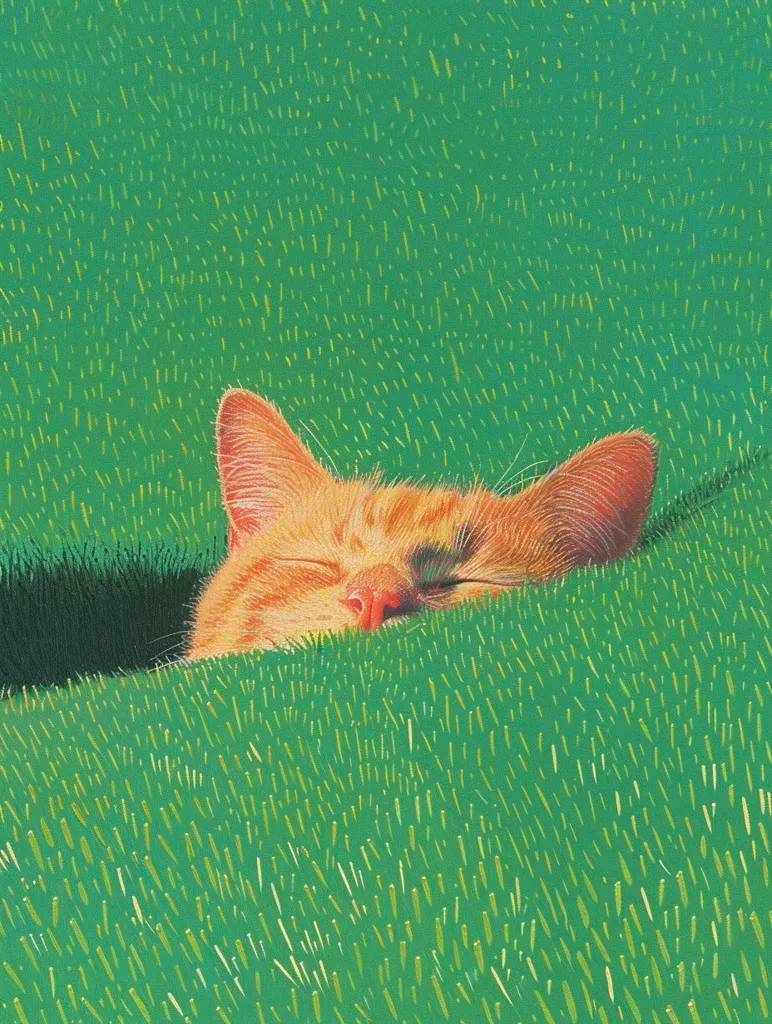 A close-up image of a ginger cat sleeping in tall green grass. Only the cat's head and ears are visible, and the cat is asleep with its eyes closed. The grass is drawn in a stylized, almost pointillist manner. The image is a simple and peaceful scene.  The warm orange of the cat contrasts with the cool green of the grass.  The image gives a feeling of tranquility and peace.