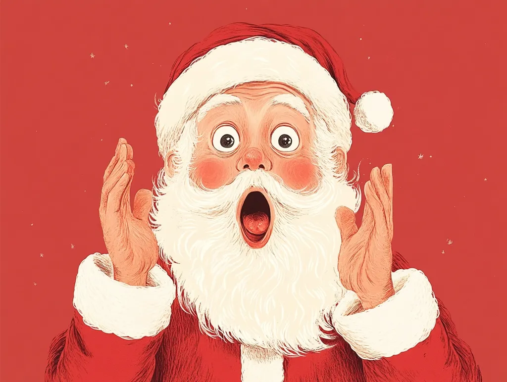 Santa Claus is depicted with a surprised expression. He has his mouth open in shock, his eyes are wide with astonishment, and his hands are raised in a gesture of disbelief. The red background is dotted with small white stars, creating a festive atmosphere. The illustration is drawn in a cartoon style, giving Santa a whimsical appearance.  The overall image is one of playful surprise, perfect for a holiday card or advertisement.