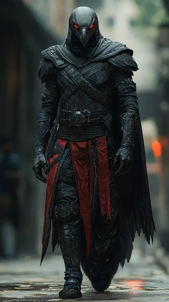 A figure in a black, leather, crow-like costume walks towards the camera. They have a red, flowing sash and dark red eyes that glow in the shadows. The image is in a gritty, urban setting, with a blurred background. The figure gives off an air of mystery and danger.  The image is dark and moody, with a sense of foreboding.